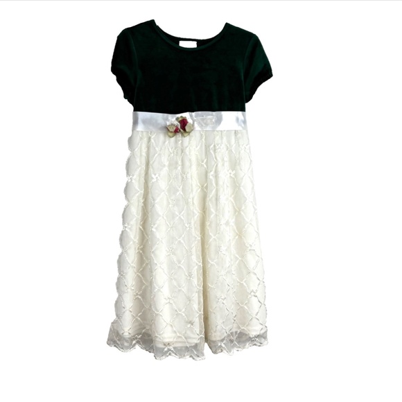 VTG 90s Rose Cottage Christmas Dress 5T Green Velvet Lace Short Sleeve Frilly - Picture 1 of 8